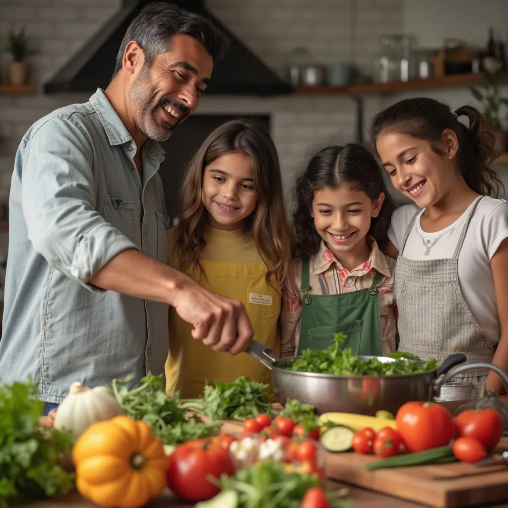 Familia cocinando junta una comida económica
